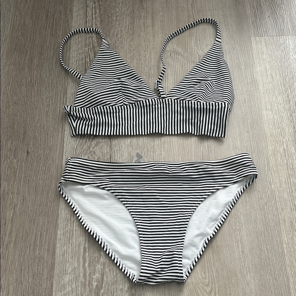 aerie Black & White Striped Bikini Set - Triangle Top & Mid-Rise Bottoms